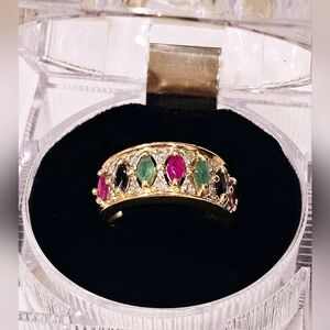 14K Ring. Emeralds, Rubies, Sapphires and Diamonds.